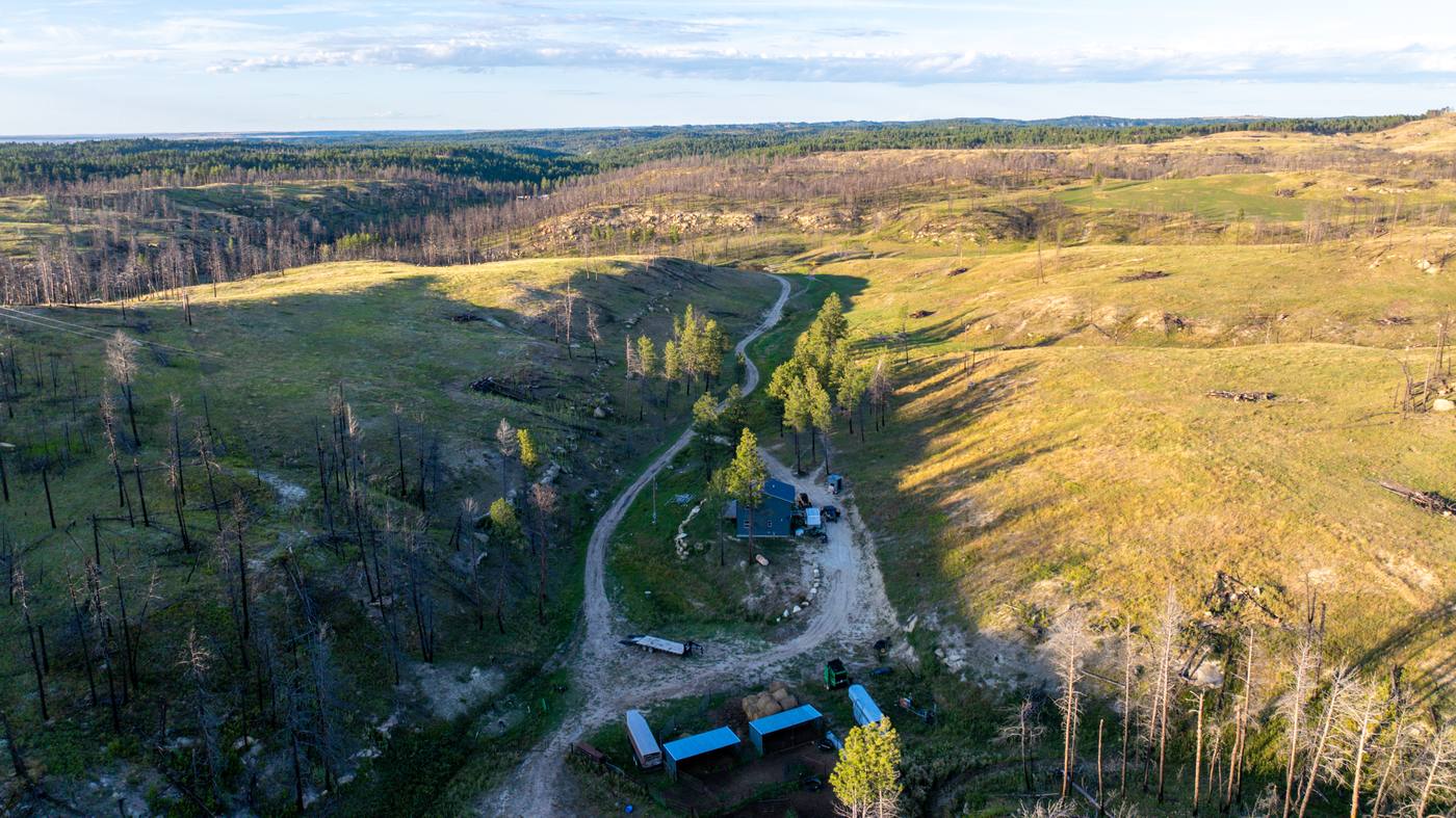 Aerial view of the End of the Road Ranch homestead and outbuildings in the Bull Mountains near Roundup, Montana