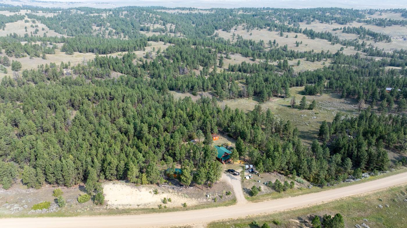 Aerial view of the Ponderosa 20 cabin and grounds set among ponderosa pine in Fergus County, Montana