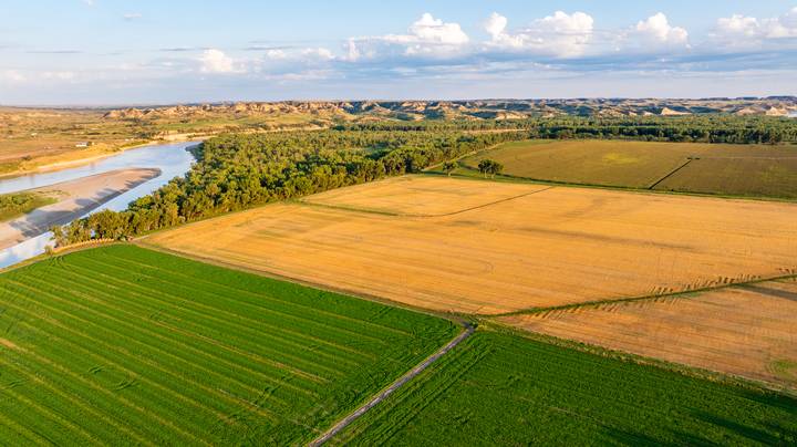 Aerial view of the river bottom fields at Savage Bottomlands