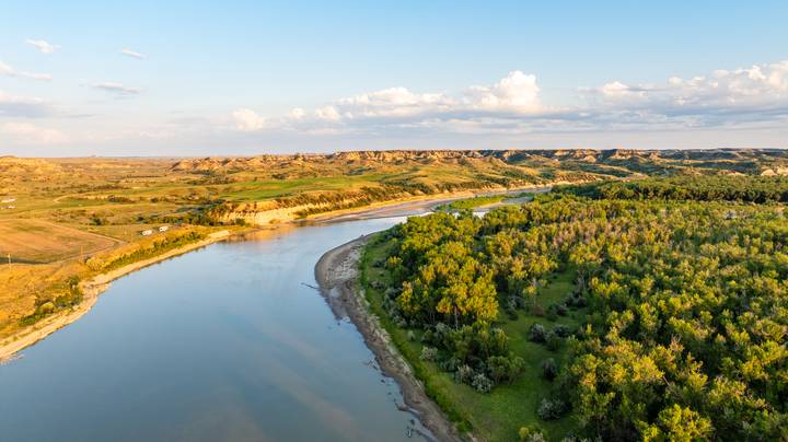 Aerial view of the Yellowstone River bend near Savage Bottomlands