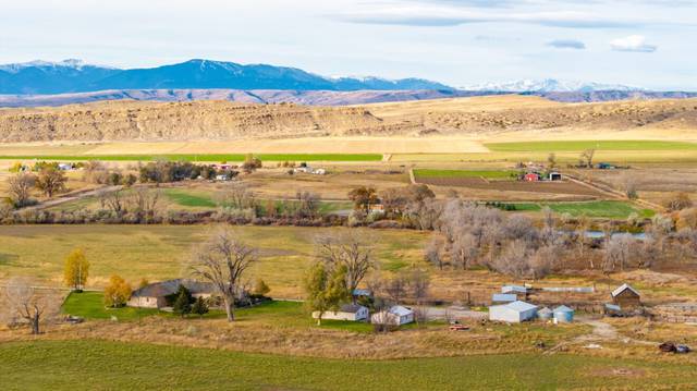 Ranch homestead, hay ground and cottonwoods in a river valley near Bridger, Montana, with mountains beyond